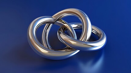 Fototapeta premium 3D model of interlocked rings with light reflections on a rich blue background