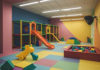 Vibrant indoor playground with colorful slides and soft play area for kids