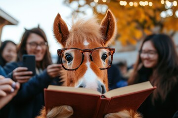 Adorable pony with glasses reading a book at a vibrant autumn festival