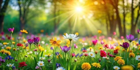 Fototapeta premium Colorful flowers of various shapes and sizes scattered on a green meadow with sunshine filtering through the trees, nature, colorful blooms