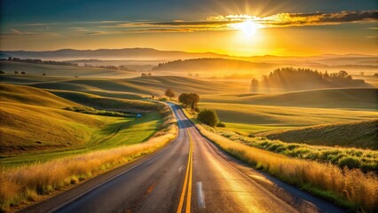 Golden light illuminates the rural landscape as a serene sunrise unfolds over asphalt highways and rolling hills , warm tones, rural landscape