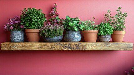 Fototapeta premium Wooden shelf with potted herbs and flowers against a red wall.