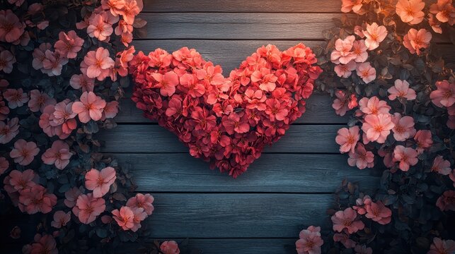 A garland of red and pink flowers forming a heart shape on a wooden surface leaving space for text close up festive theme realistic manipulation outdoor event backdrop