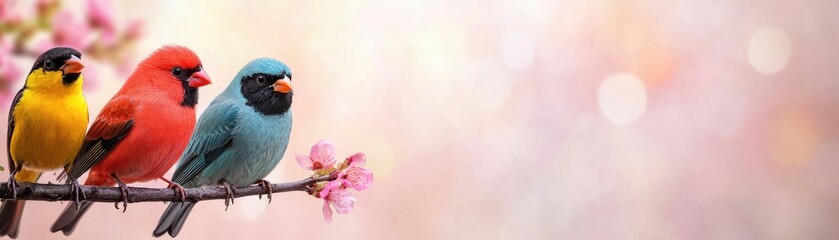 Fototapeta premium Biodiversity conservation concept. Three colorful birds perched on a branch amidst soft pink blossoms.