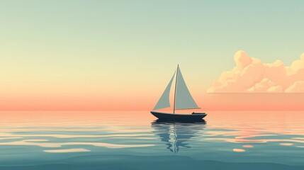 Fototapeta premium Sailboat at sunset, peaceful ocean scene. Tranquil, serene, and beautiful.
