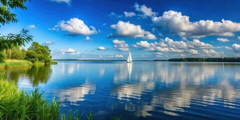 A serene lake on a clear blue sky background with a few fluffy white clouds and a sailboat in the distance, surrounded by lush greenery , serene lake, natural beauty