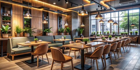 Modern restaurant with sleek tables and chairs in a cozy atmosphere