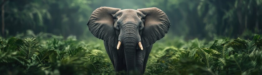 Biodiversity conservation concept. Majestic elephant standing amidst lush greenery in a serene forest.