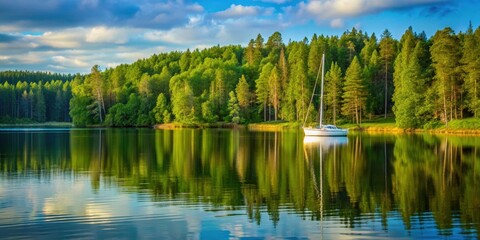 Fototapeta premium Summer holidays in Finland Lush green forest with a serene lake and a sailboat on the water , water, summer, water