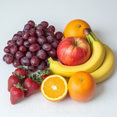 Fresh fruit assortment grapes, apples, bananas, strawberries, oranges.