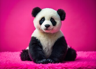 Fototapeta premium Adorable Plush Panda Bear Close-Up on Pink Background - Stock Photo