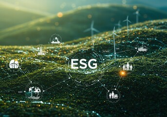 Sustainable energy and esg concepts with wind turbines on a green landscape