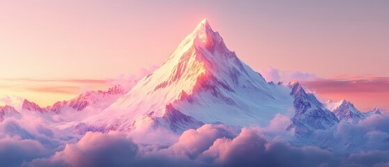 cloudy mountain peak misty mountain peak surrounded by clouds soft gradient background with space for text placement selective focus adventurous theme ethereal blend mode alpine ba