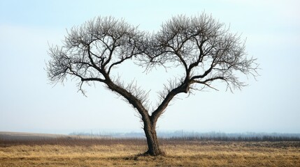 Obraz premium A leafless tree forms a heart shape against a pale sky. Romantic, serene winter landscape.