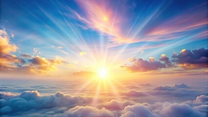 Fototapeta premium A serene landscape with a bright sun shining through soft, white clouds against a light blue sky filled with pastel hues of pink and yellow at sunrise, pastel colors, morning light