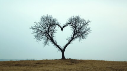 Obraz premium A leafless tree forms a heart shape against a pale sky. Nature's love.