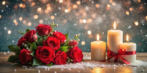 Romantic evening with a bouquet of red roses and candles