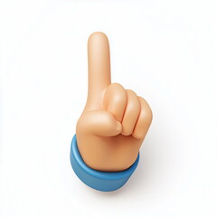 A cute cartoon-style icon with a 3D rendering of a hand making a gesture of extending the index finger to point upwards. Isolated on white background.