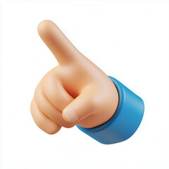 A cute cartoon style icon of a 3d rendering of a hand making a pointing gesture with the index finger extended. Isolated on white background.