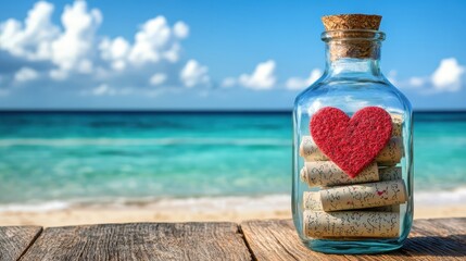 Obraz premium A glass bottle filled with rolledup love notes placed on a wooden table with space for text close up heartfelt theme whimsical overlay seaside backdrop