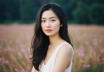 Fototapeta premium Serene portrait of a woman in a field of flowers