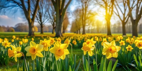 A group of yellow daffodil flowers blooming in a lush green field with a few scattered trees on a sunny day in late spring