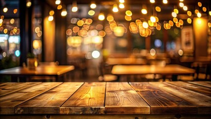 Obraz premium Empty wooden table top with blurred cafe background in gold bokeh light, set against dark surroundings, dining, evening