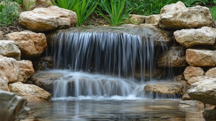 Naklejka premium Serene waterfall cascading over rocks, creating a tranquil scene.