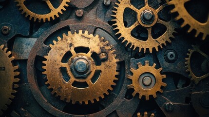 Close-up of intricate, rusty, golden gears interlocked in complex mechanism.