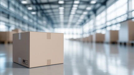 A close-up of a one delivery box sitting alone in an empty warehouse.