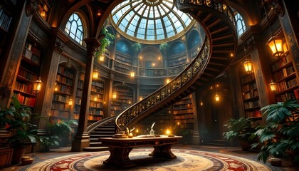 Obraz premium The wizard's library is grand and ornate with a vaulted glass ceiling, and a spiral staircase.