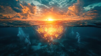 Breathtaking sunset landscape with vibrant reflection of the sun on the tranquil ocean waves creating a symmetrical mirrored effect on the water s surface against a dramatic moody sky