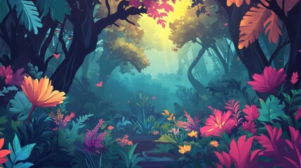 Fototapeta na wymiar A Sunlit Path Through A Vibrant Tropical Forest