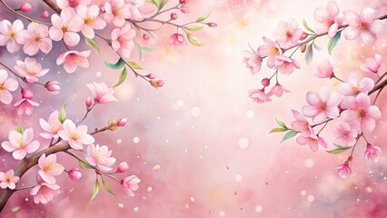 Obraz premium Watercolor illustration of blooming cherry blossoms against a soft pink paper background , delicate petals, beautiful spring flowers