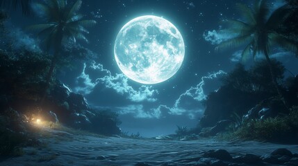 Tropical beach at night with a full moon, palm trees, and a dim light.