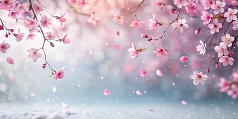 Fototapeta premium Soft pink sakura petals gently falling on a serene snowy background , snowflakes, pink sakura petals, snowflakes