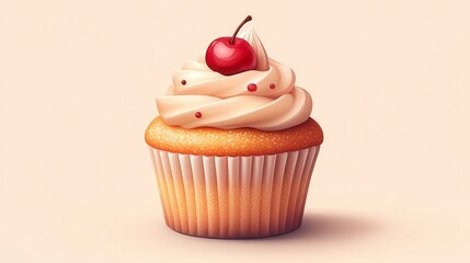 Delicious cupcake with vanilla frosting and cherry.