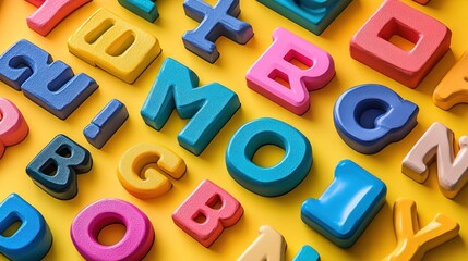 Fototapeta premium Colorful foam letters scattered on a bright yellow background, ideal for educational use.