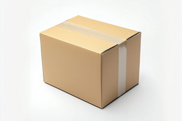 Fototapeta premium Close-up of a brown rectangular parcel box sealed with tape. Isolated on white background.