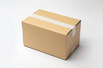 Close-up of a brown rectangular parcel box sealed with tape. Isolated on white background.