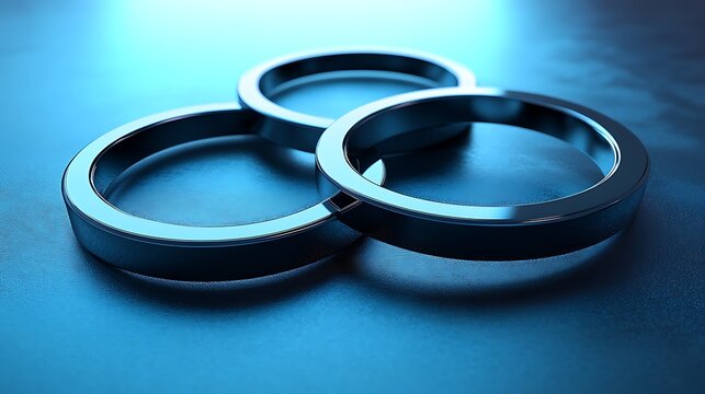 Interlocking rings with metallic finish in 3D on a glowing blue surface