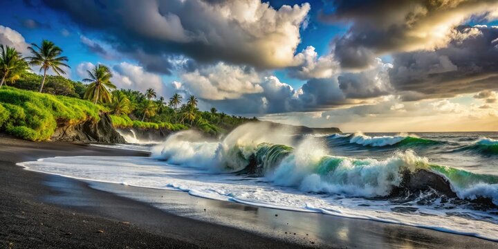 Pohoiki Beach Black Sand, Rough Surf, Hawaii Volcanoes National Park, Dramatic Ocean Waves, Powerful Seascape Photography