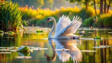 Obraz premium Elegant white swan glides smoothly on the lake's surface, its feathers glistening in the sunlight, surrounded by lush greenery and vibrant water lilies , lake scenery, tranquil water
