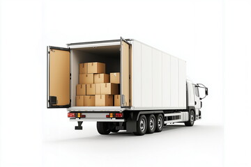 A rear view of a white cargo truck with the back door open, revealing the interior filled with brown parcel boxes. Delivery, transportation, and logistics concepts.