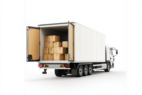 A rear view of a white cargo truck with the back door open, revealing the interior filled with brown parcel boxes. Delivery, transportation, and logistics concepts.