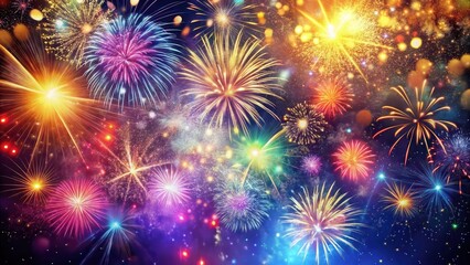 Naklejka premium Colorful fireworks exploding in the night sky with glittering sparks and confetti scattered everywhere , glitzer, sky
