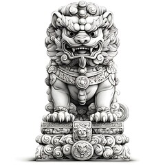 Intricate Stone Sculpture of a Chinese Guardian Lion, Komainu, on a Cloud-Shaped Pedestal.