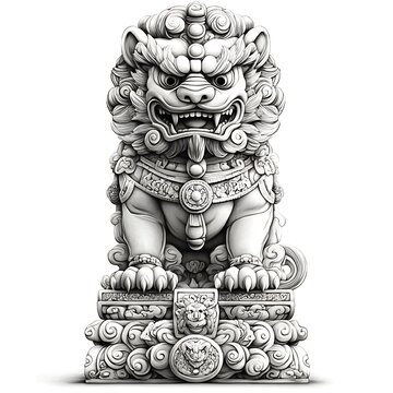 Intricate Stone Sculpture of a Chinese Guardian Lion, Komainu, on a Cloud-Shaped Pedestal.