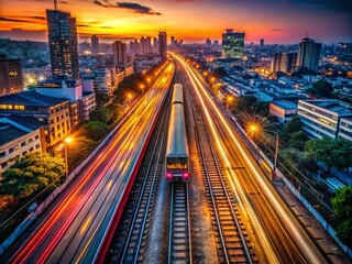 Fototapeta premium Aerial Night View of Railway Train Tracks, Low Light Cityscape