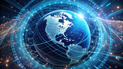 Obraz premium A swirling vortex of pixels and code wraps around a stylized globe